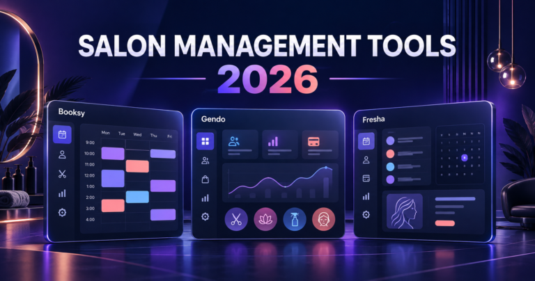 Graphic comparing Booksy, Gendo, and Fresha salon management tools for beauty salons in 2026.