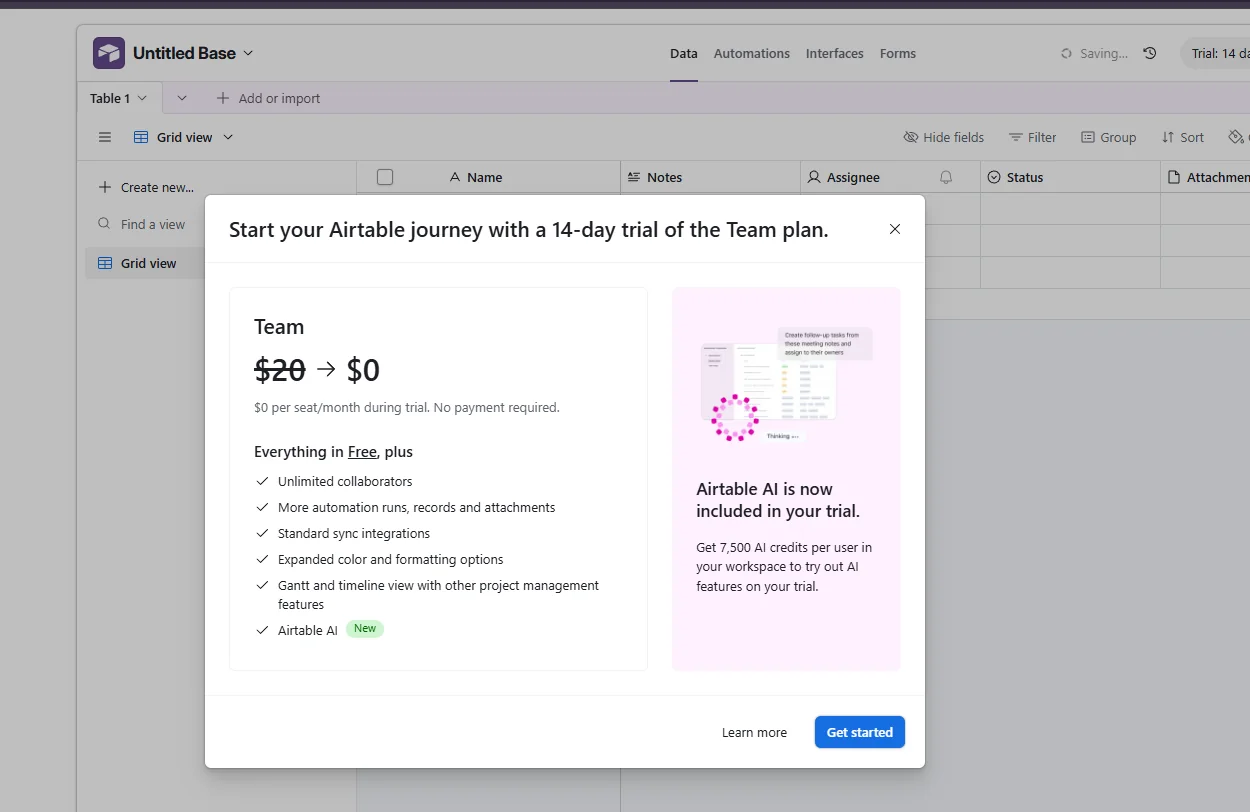 Airtable Team trial screen showing Airtable AI during the 14-day trial.