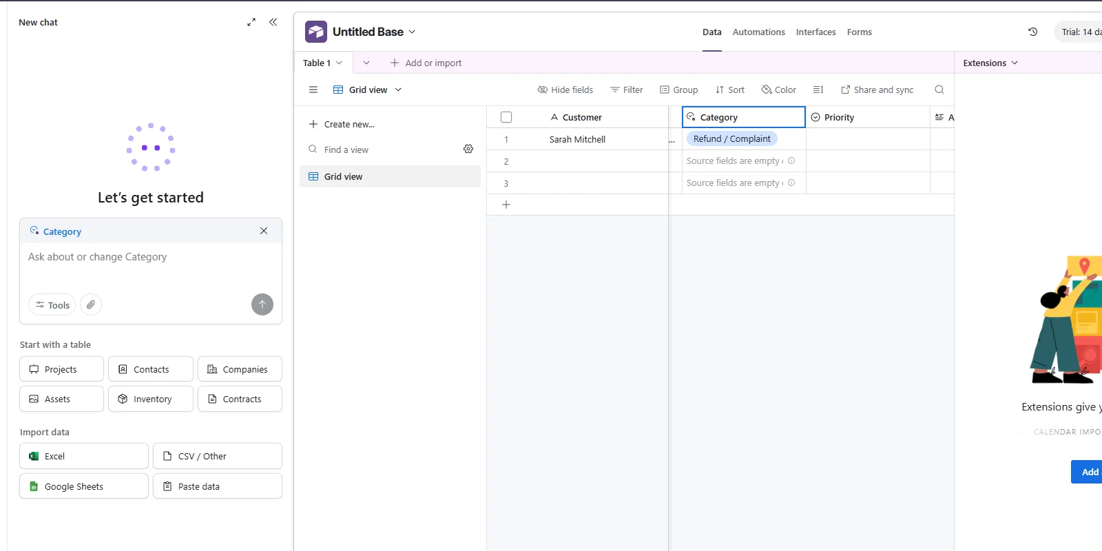 Airtable Field Agent classifying Sarah Mitchell's customer message as Refund / Complaint.