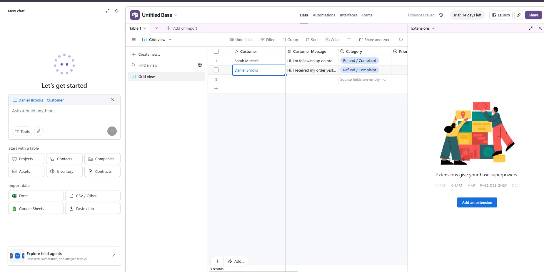 Airtable classifying Daniel Brooks's ambiguous message as Refund / Complaint.