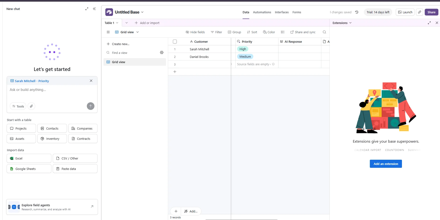 Airtable AI Priority field assigning High to Sarah and Medium to Daniel.