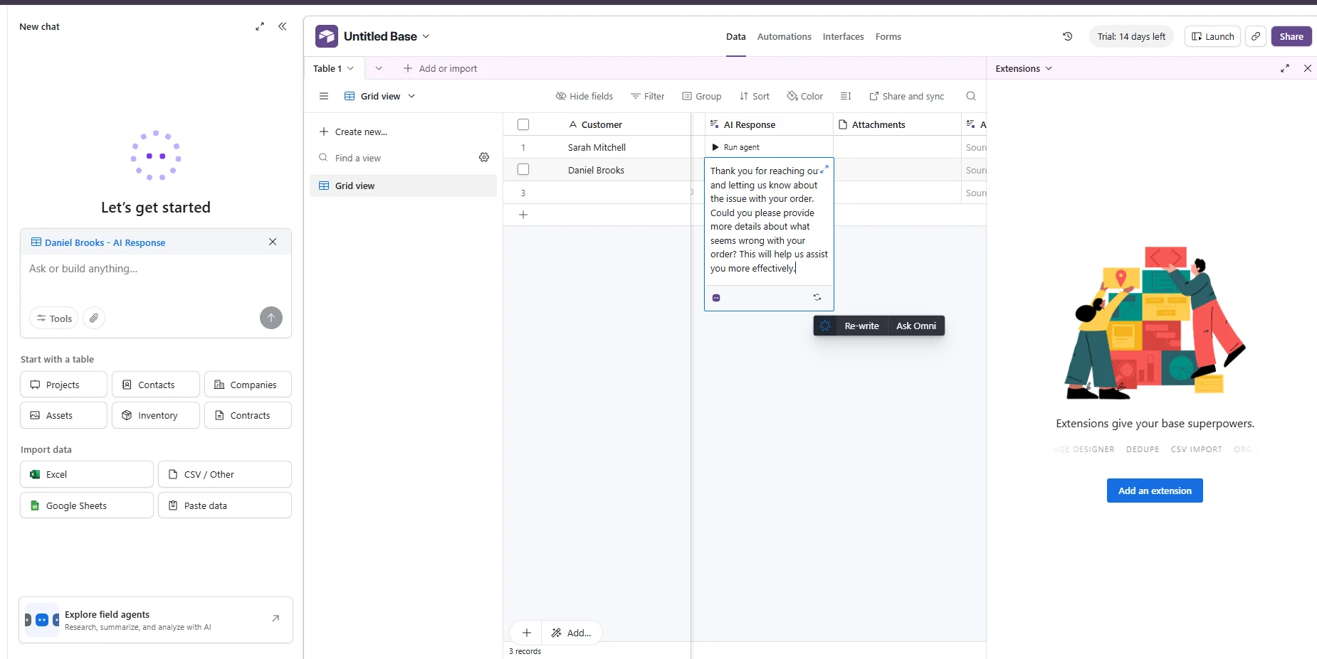 Airtable AI Response asking Daniel for more information about his order issue.