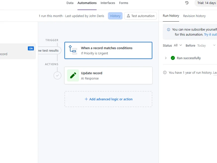 Airtable automation with Urgent trigger, Update record action, and successful run history.