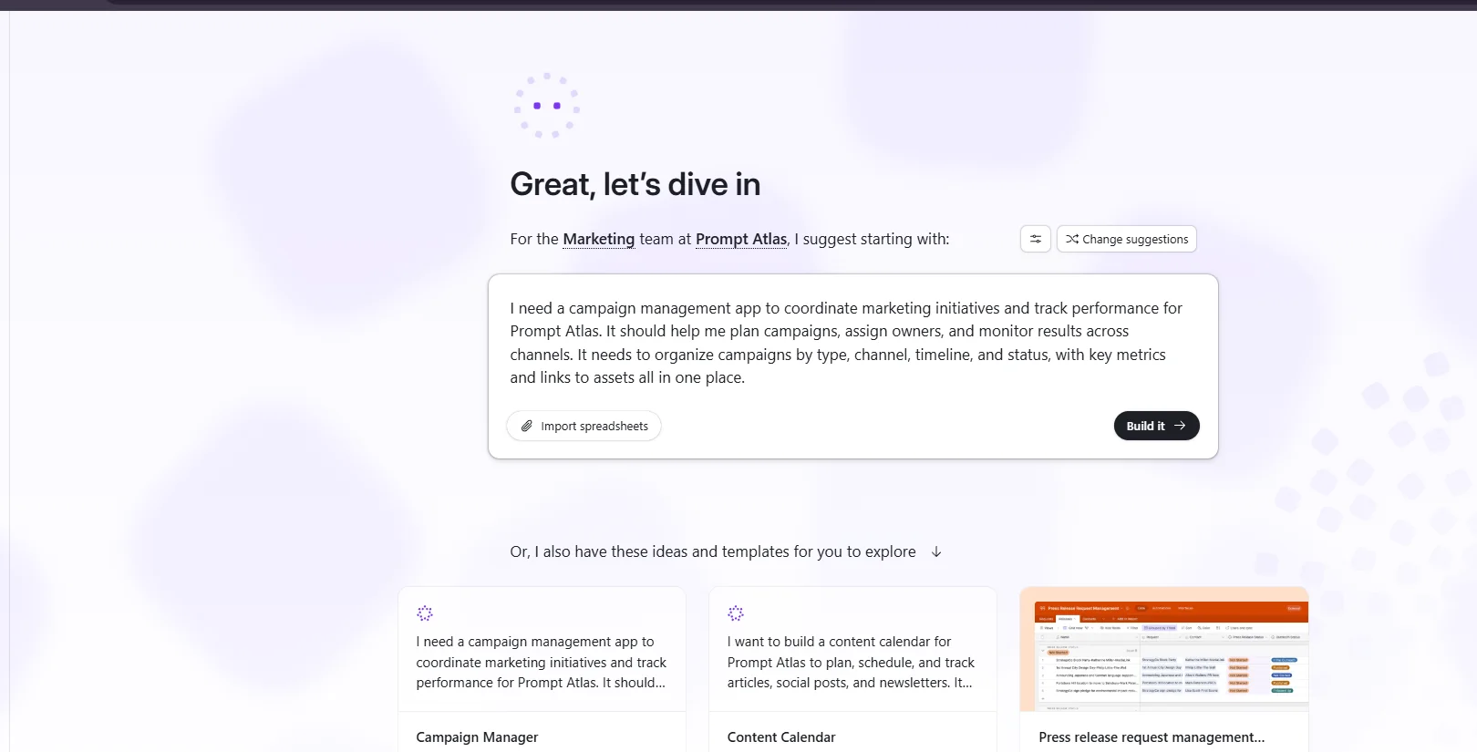 Airtable onboarding suggesting a Prompt Atlas campaign management app.