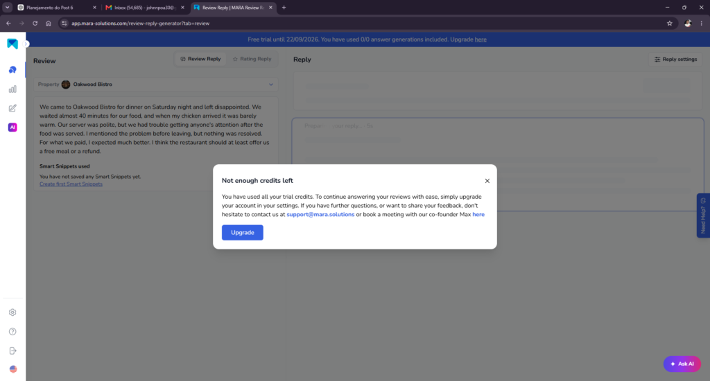 MARA AI trial blocking a restaurant review response because no generation credits were available