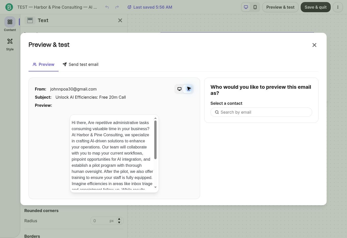 Brevo narrow preview showing the consulting email as a long scrolling text block.