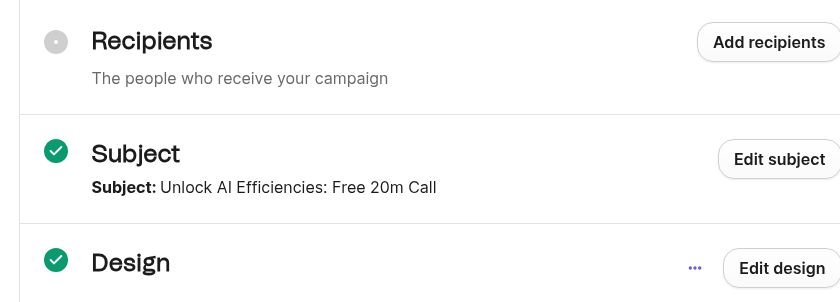 Brevo campaign draft showing the generated subject, completed design, and no selected recipients.