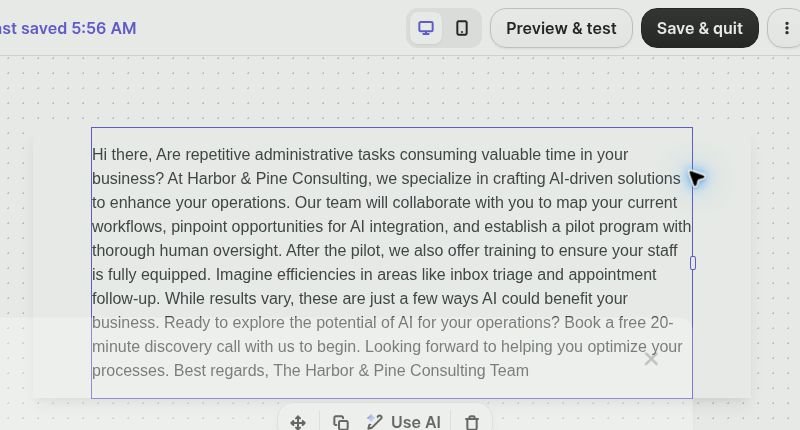 Brevo Aura revised a consulting email, added staff training, and left the copy as one long paragraph.