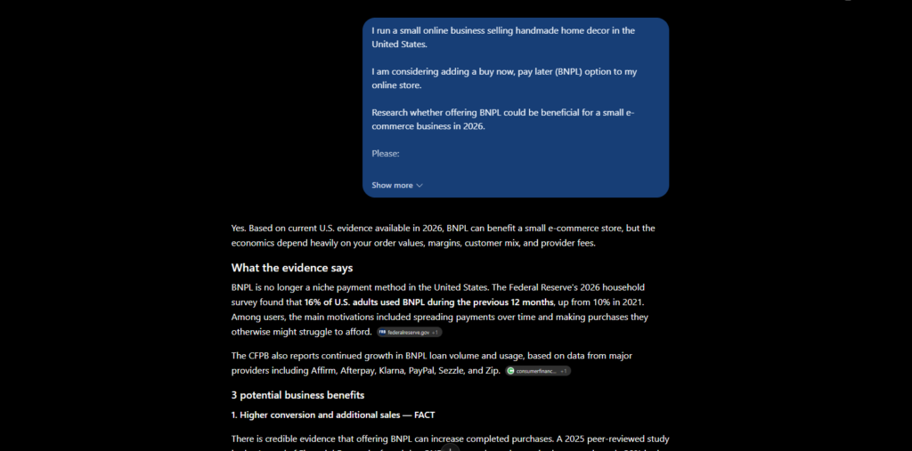 ChatGPT researching BNPL benefits for a small e-commerce business