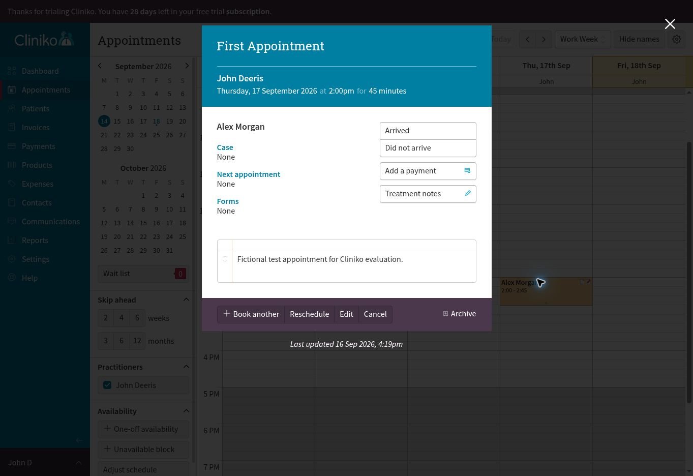 Cliniko appointment details showing arrival payment and treatment-note actions