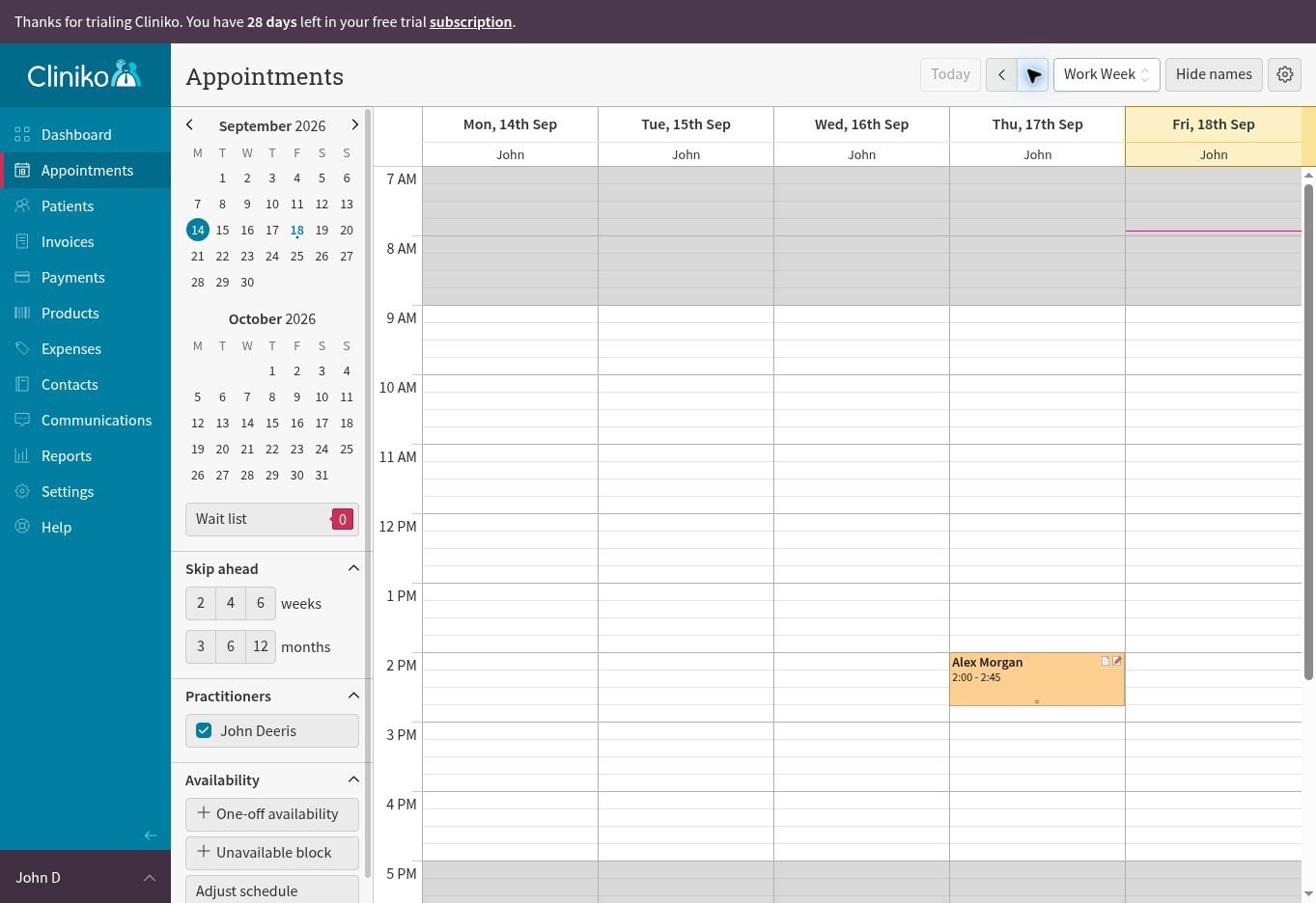 Cliniko work-week calendar with a fictional patient appointment