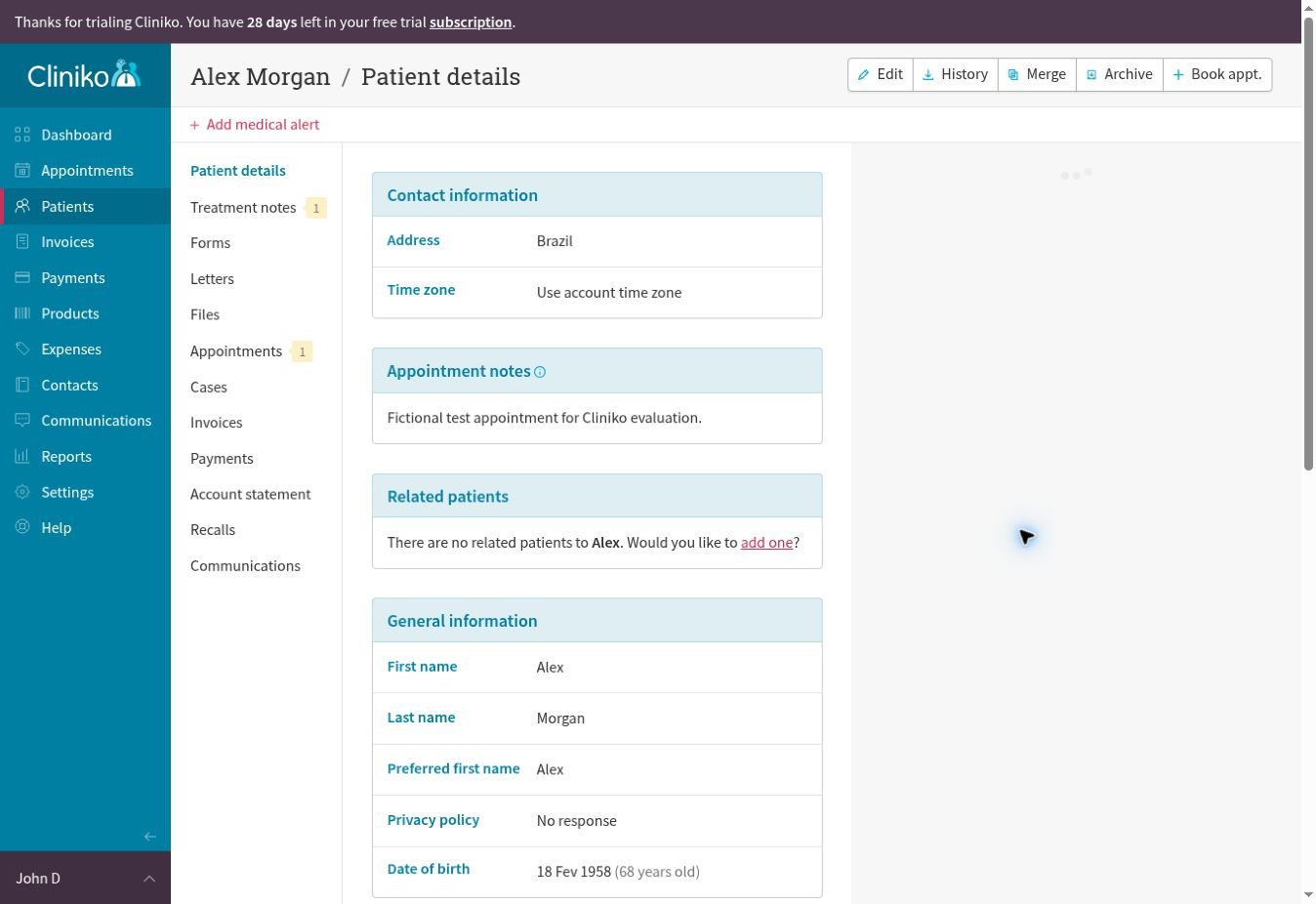 Cliniko fictional patient record with linked clinical and administrative sections