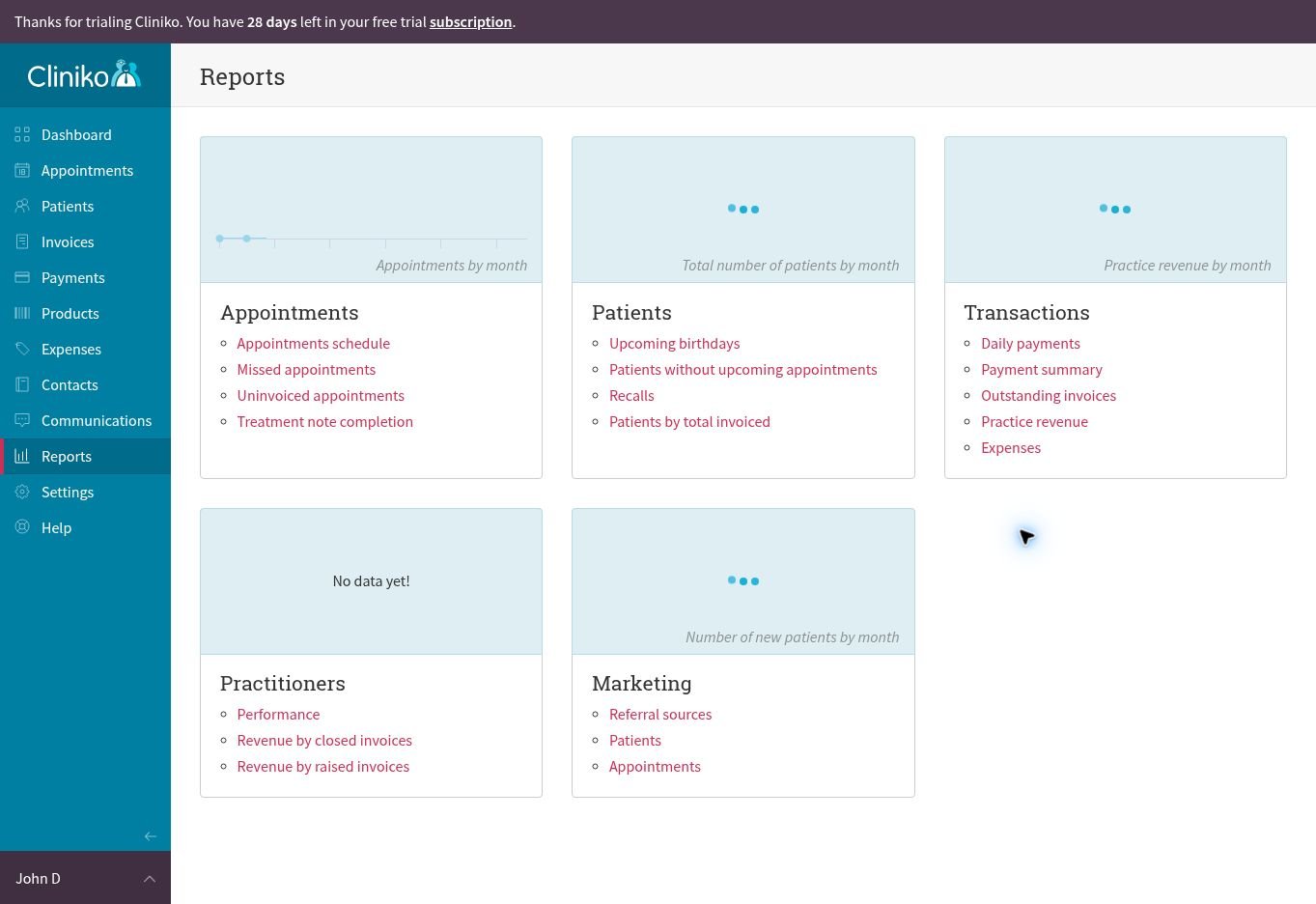 Cliniko reports dashboard for appointments patients transactions and marketing