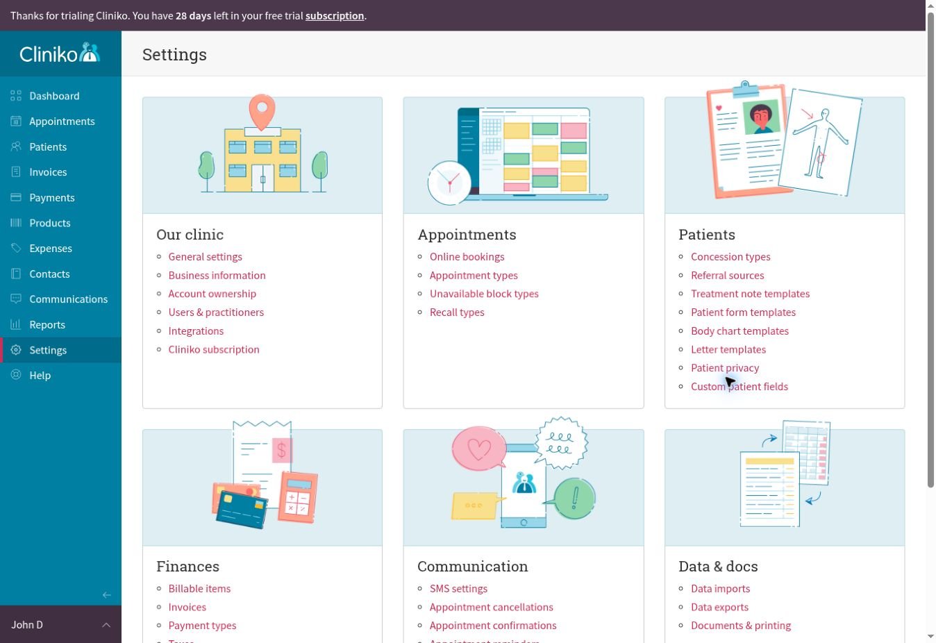 Cliniko settings for appointments patients finance communication and data
