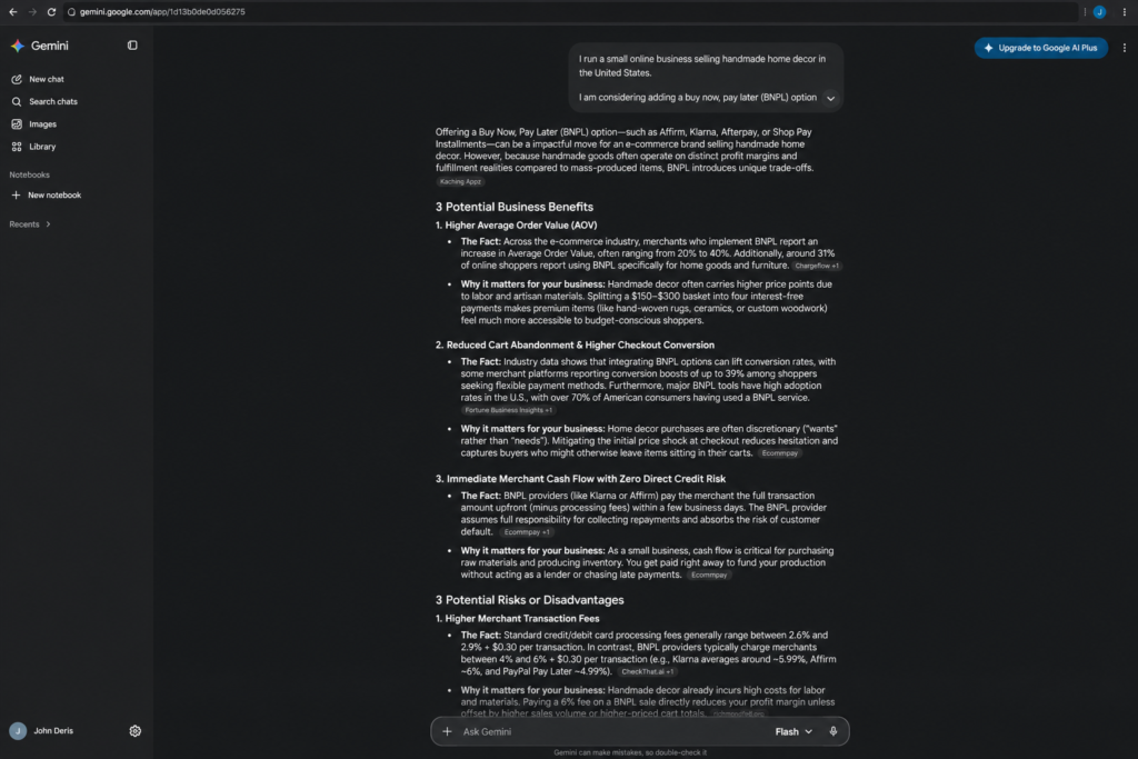 Gemini researching BNPL benefits and risks for a small e-commerce business