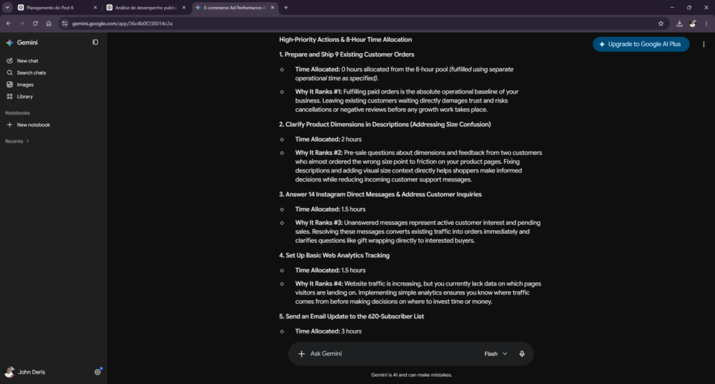 Gemini prioritizing nine existing customer orders while allocating zero hours to the task