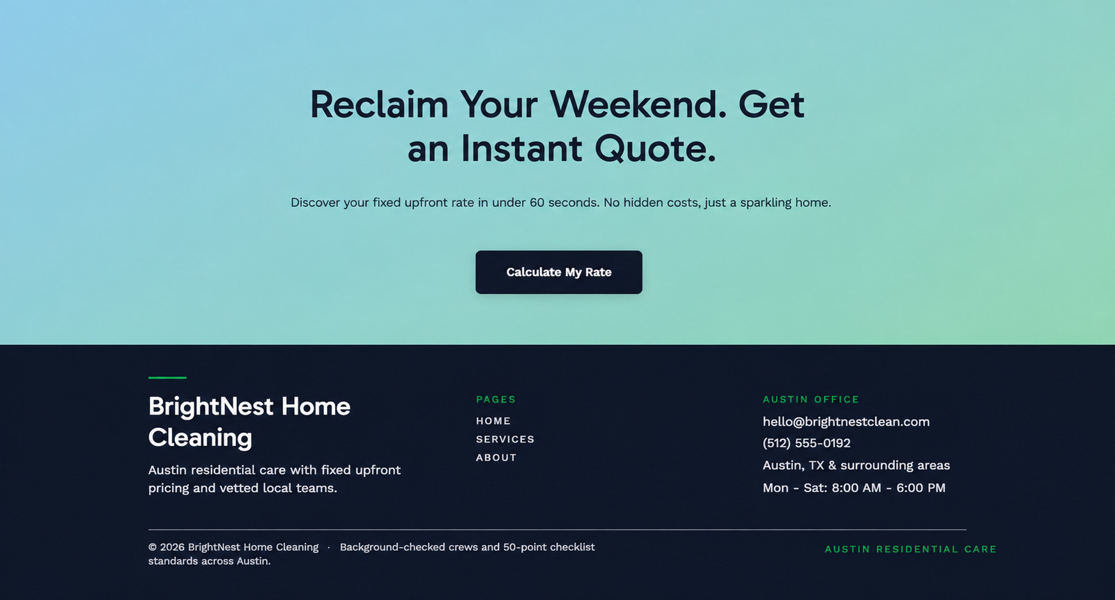 BrightNest test website trust statistics, instant quote call to action, and generated footer details