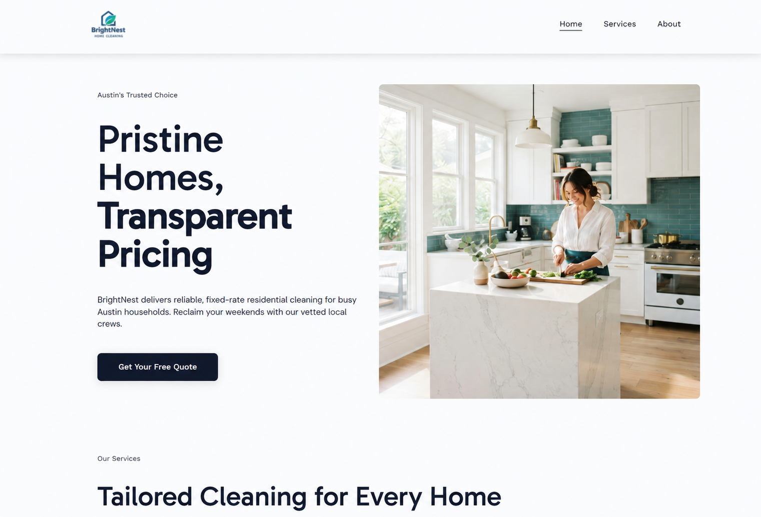Hostinger AI Website Builder generated homepage for BrightNest Home Cleaning with hero image and quote button