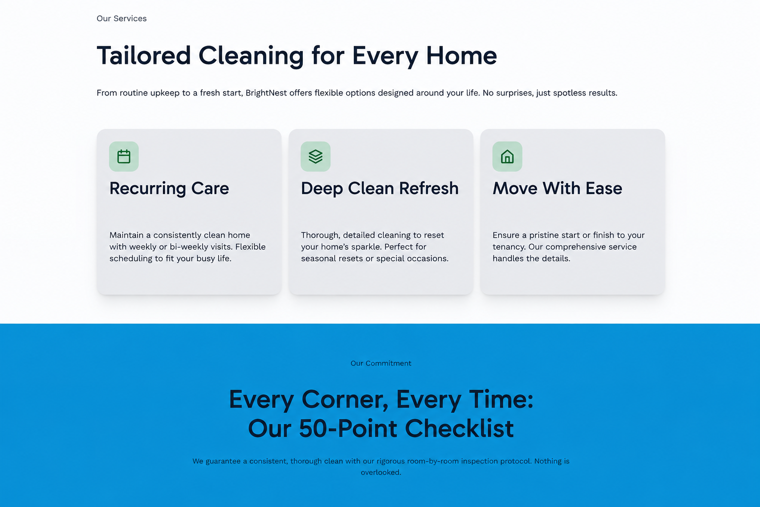Hostinger generated cleaning service cards and 50-point checklist section in the test website