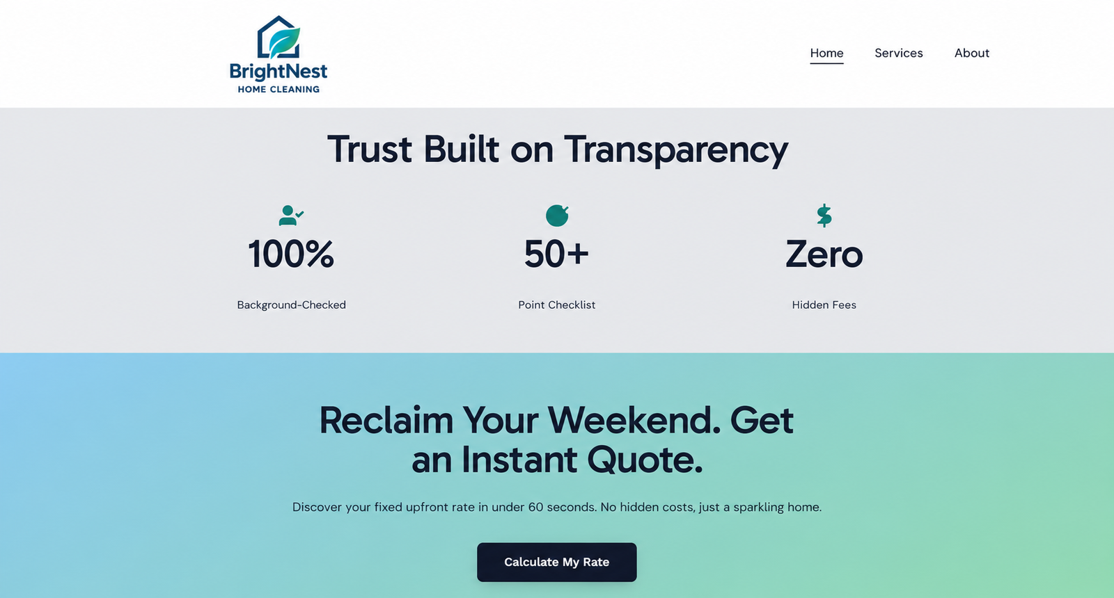 Desktop preview of the customized BrightNest homepage after copy and color changes