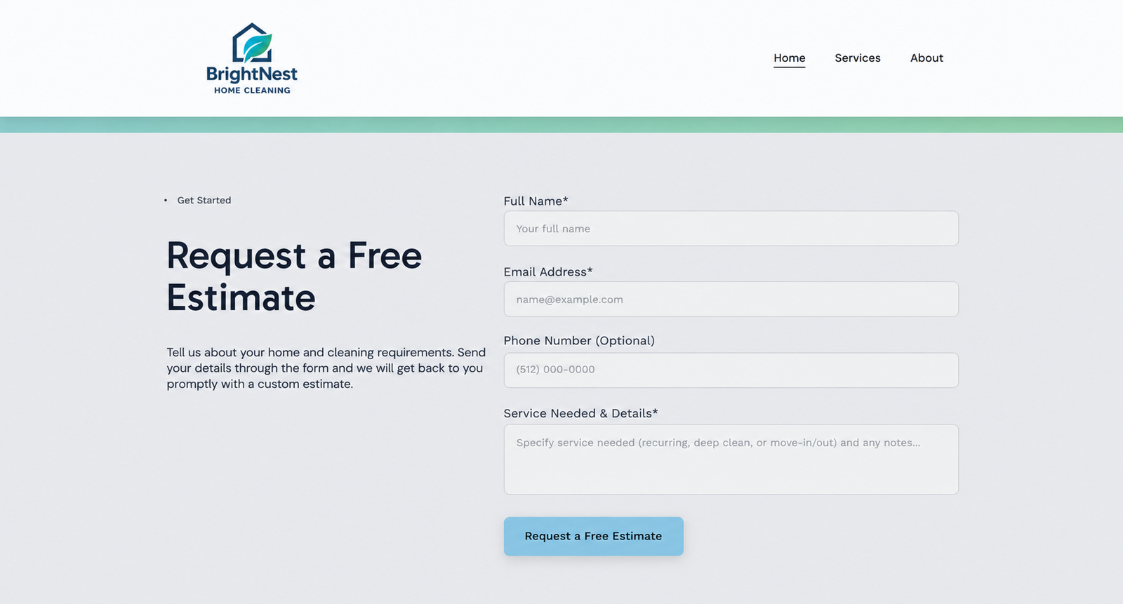 Hostinger Agentic mode contact form with name, email, optional phone, service details, and estimate button