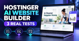 Hostinger AI Website Builder review showing three real website creation and editing tests