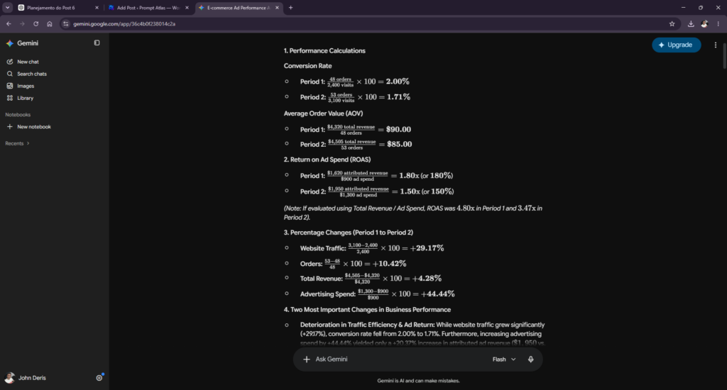 Gemini calculating conversion rate, AOV, ROAS, and advertising performance changes