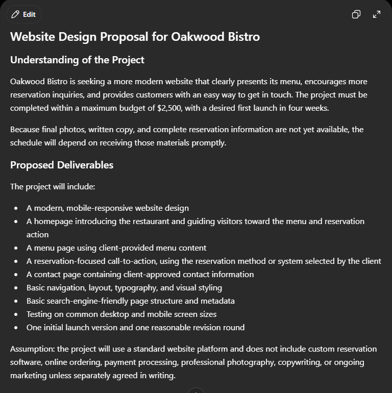 ChatGPT presenting the Oakwood Bistro website proposal, including project understanding, proposed deliverables, budget, launch timeline, and assumptions.