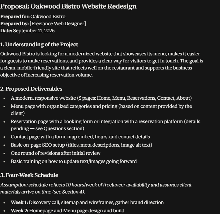 Claude presenting the Oakwood Bistro website redesign proposal, proposed deliverables, and four-week schedule.