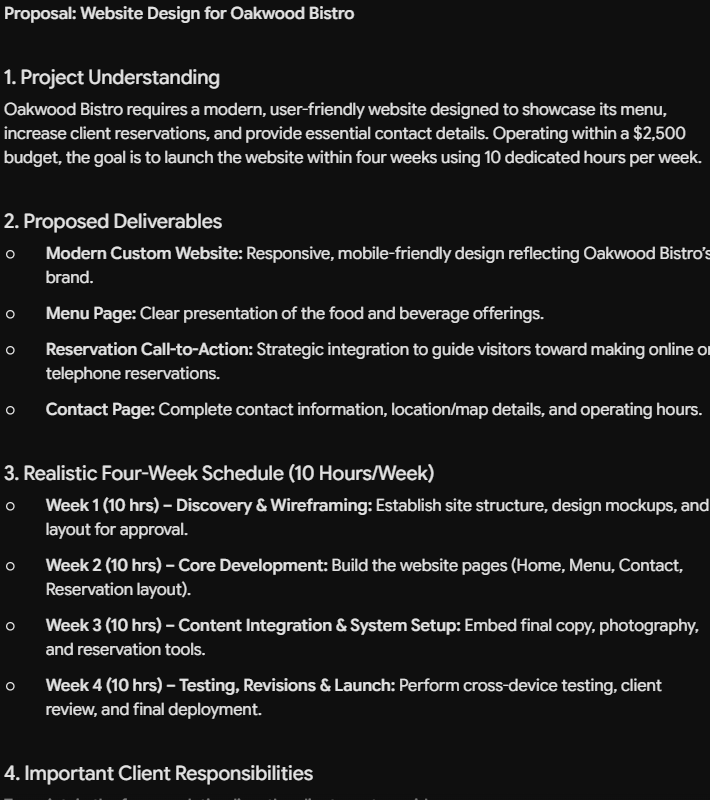 Gemini presenting the Oakwood Bistro website proposal, project requirements, proposed deliverables, and four-week schedule.