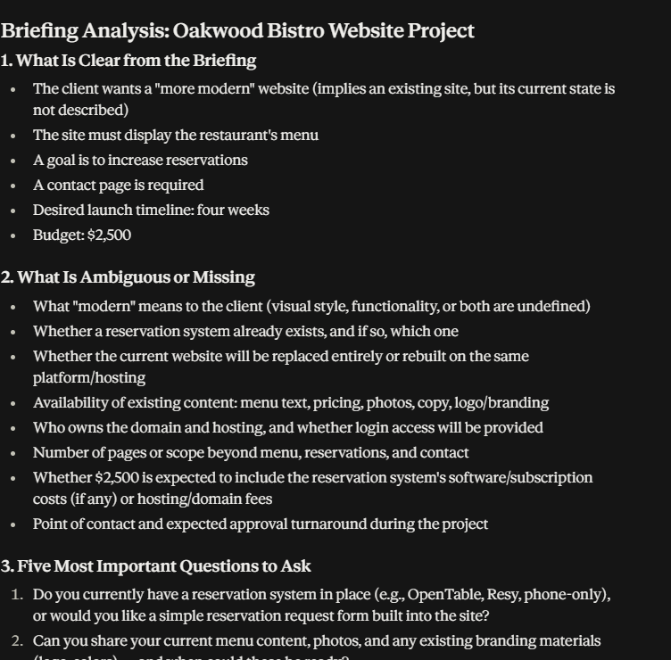 Claude analyzing confirmed facts, ambiguous requirements, and key client questions in the Oakwood Bistro website briefing.