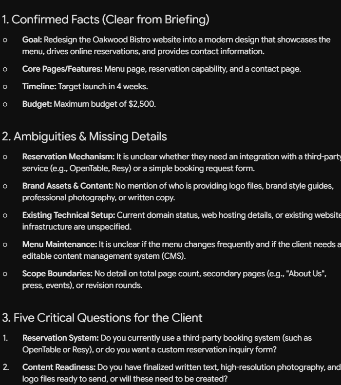 Gemini identifying confirmed facts, ambiguities, and critical client questions in the Oakwood Bistro website briefing.