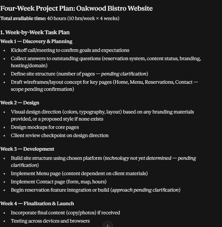 Claude presenting a four-week project plan for the Oakwood Bistro website.