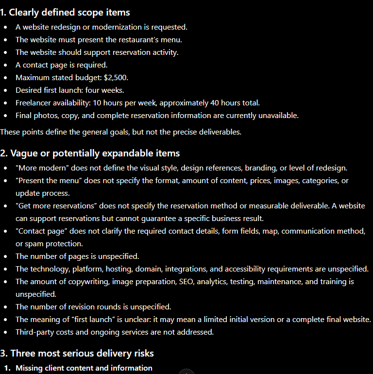 ChatGPT reviewing clearly defined scope items, vague requirements, and major delivery risks for the Oakwood Bistro website project.
