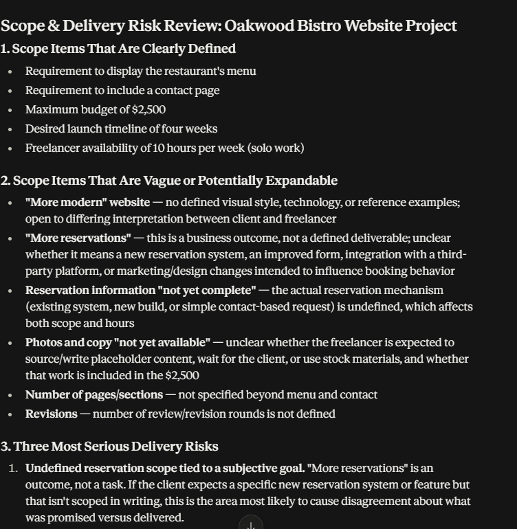 Claude reviewing clearly defined scope items, vague or expandable requirements, and delivery risks for the Oakwood Bistro website project.