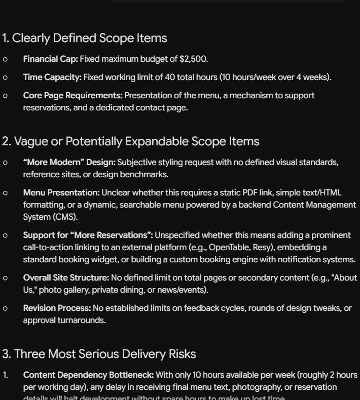 Gemini identifying clearly defined and potentially expandable scope items in the Oakwood Bistro website project.