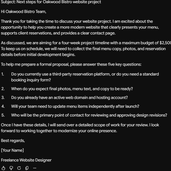 Gemini drafting a client follow-up email with five questions about the Oakwood Bistro website project.