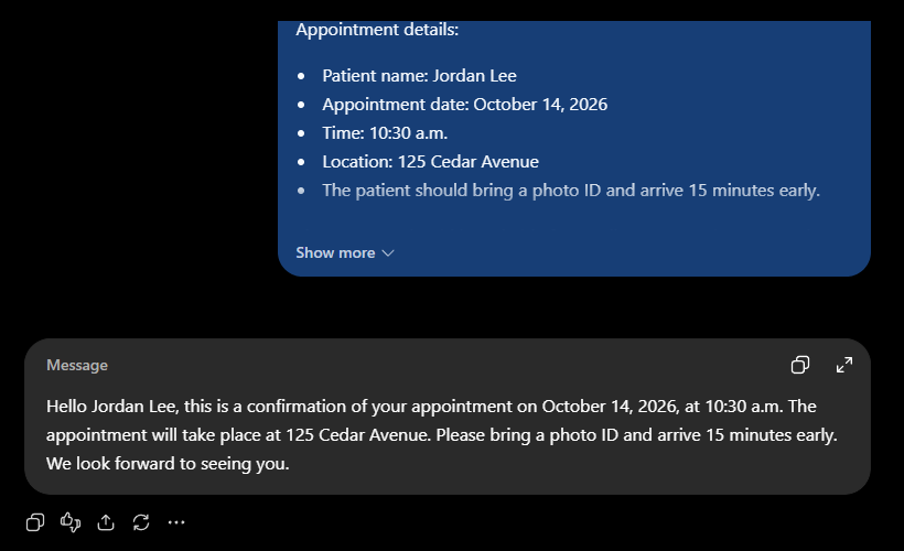 ChatGPT appointment confirmation message for a fictional medical practice
