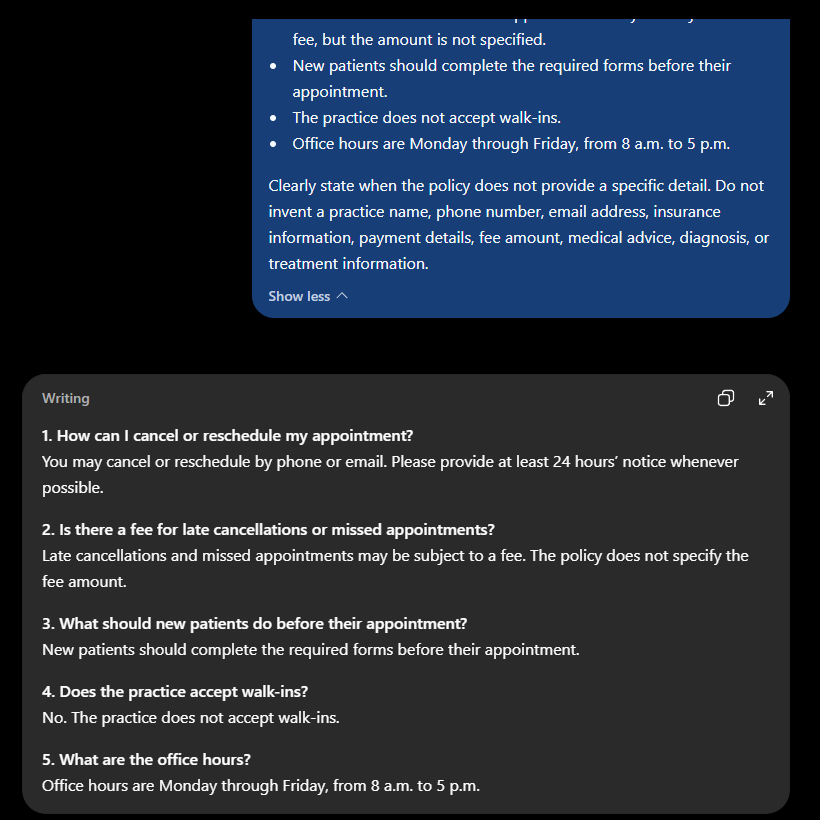 ChatGPT patient-facing appointment policy FAQ with five questions