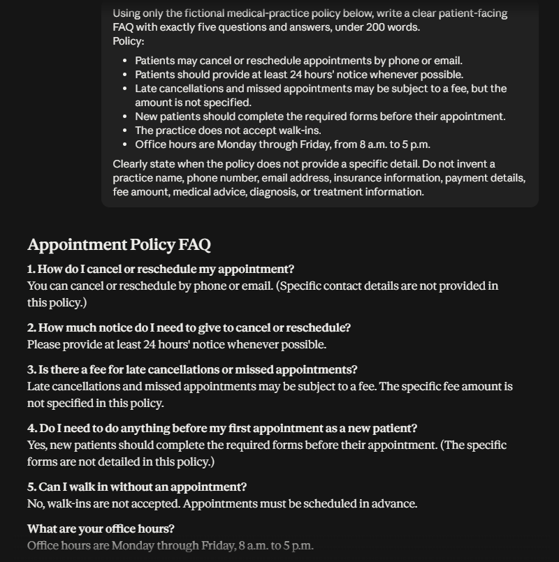 Claude appointment policy FAQ showing an extra sixth question