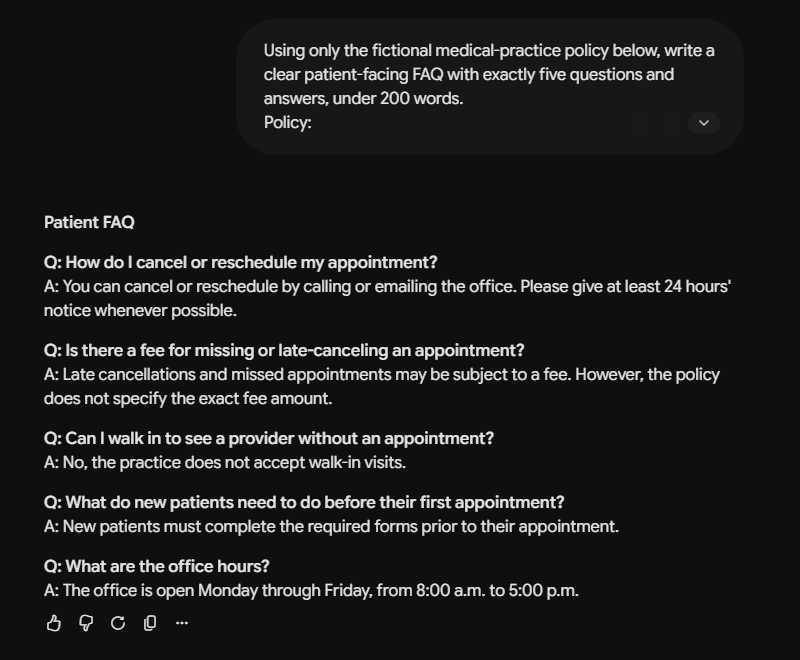 Gemini patient-facing appointment policy FAQ with exactly five questions