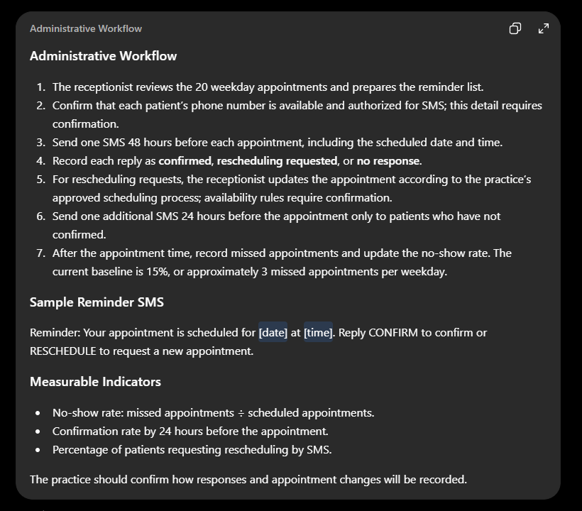 ChatGPT administrative workflow for reducing missed medical appointments