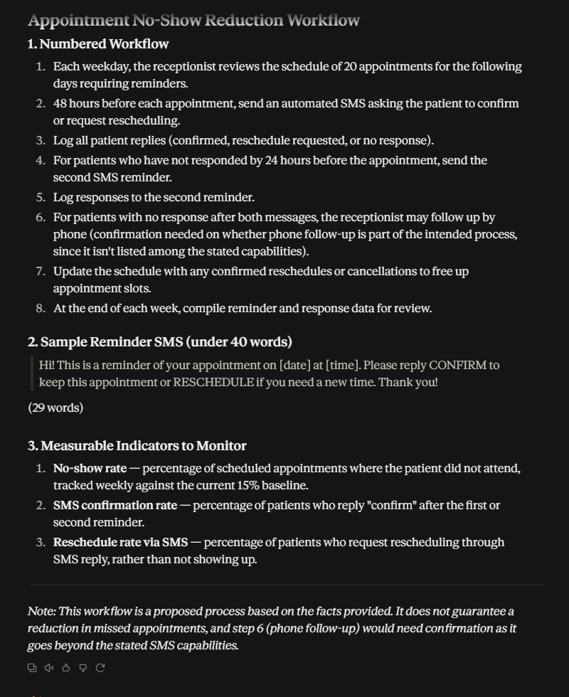 Claude administrative workflow for reducing missed medical appointments