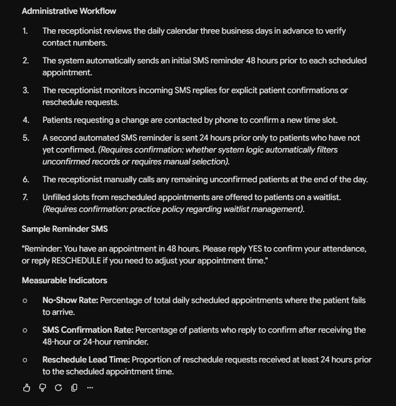 Gemini administrative workflow for reducing missed medical appointments