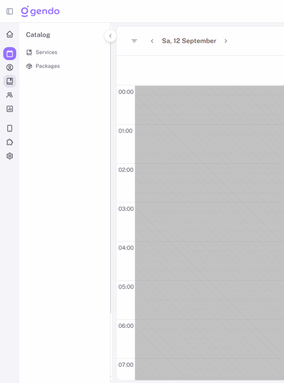 Gendo interface for salon management software showing Services and Packages, with no Products option visible in the tested account.