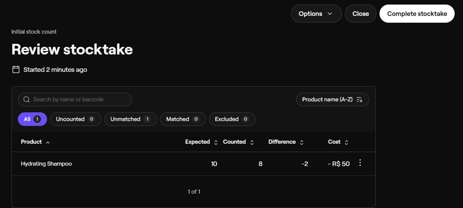Fresha stocktake review showing 10 expected units, 8 counted units, a difference of −2, and a cost difference of −R$50.