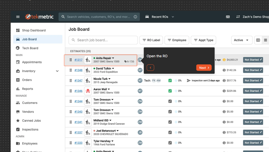 Tekmetric review showing the Job Board with repair orders and shop workflow