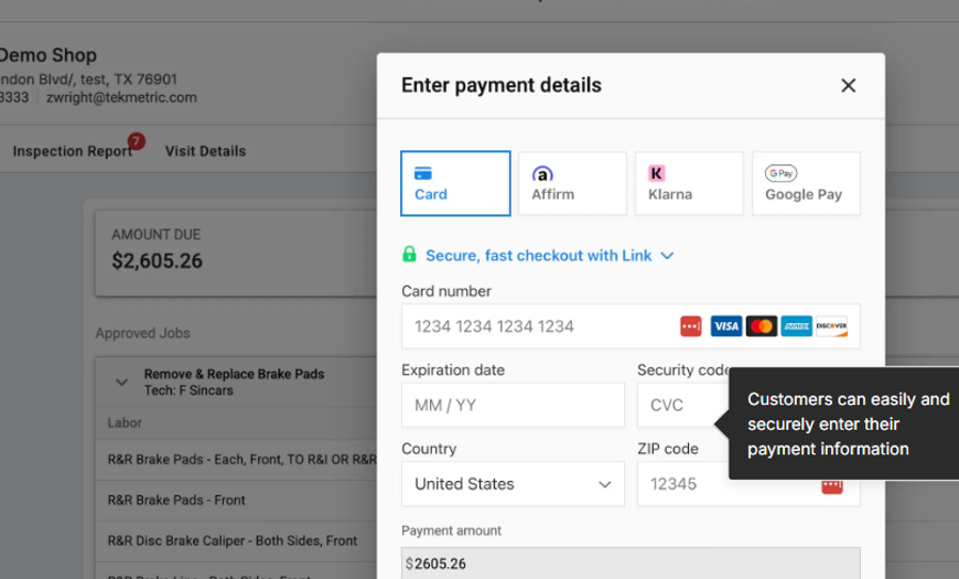 Tekmetric customer payment screen with card, Affirm, Klarna and Google Pay options