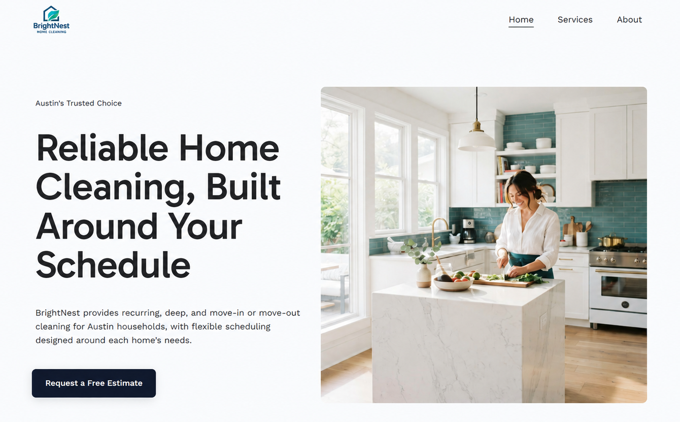 Hostinger AI Website Builder generated homepage for a fictional cleaning business