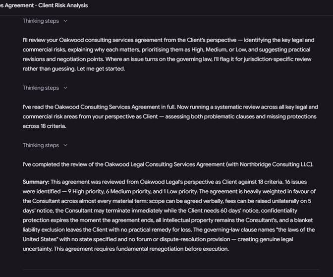 Genie AI reviewing a fictional consulting agreement and summarizing 16 legal and commercial risks.